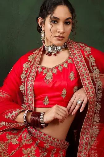 Red Semi-Stiched Heavy Zari Embroidery Silk Lehenga Choli