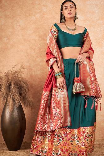 Green Semi-Stiched Weaving Work Banarasi Silk Lehenga Choli 