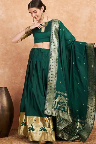 Green Semi-Stiched Weaving Work Banarasi Silk Lehenga Choli 