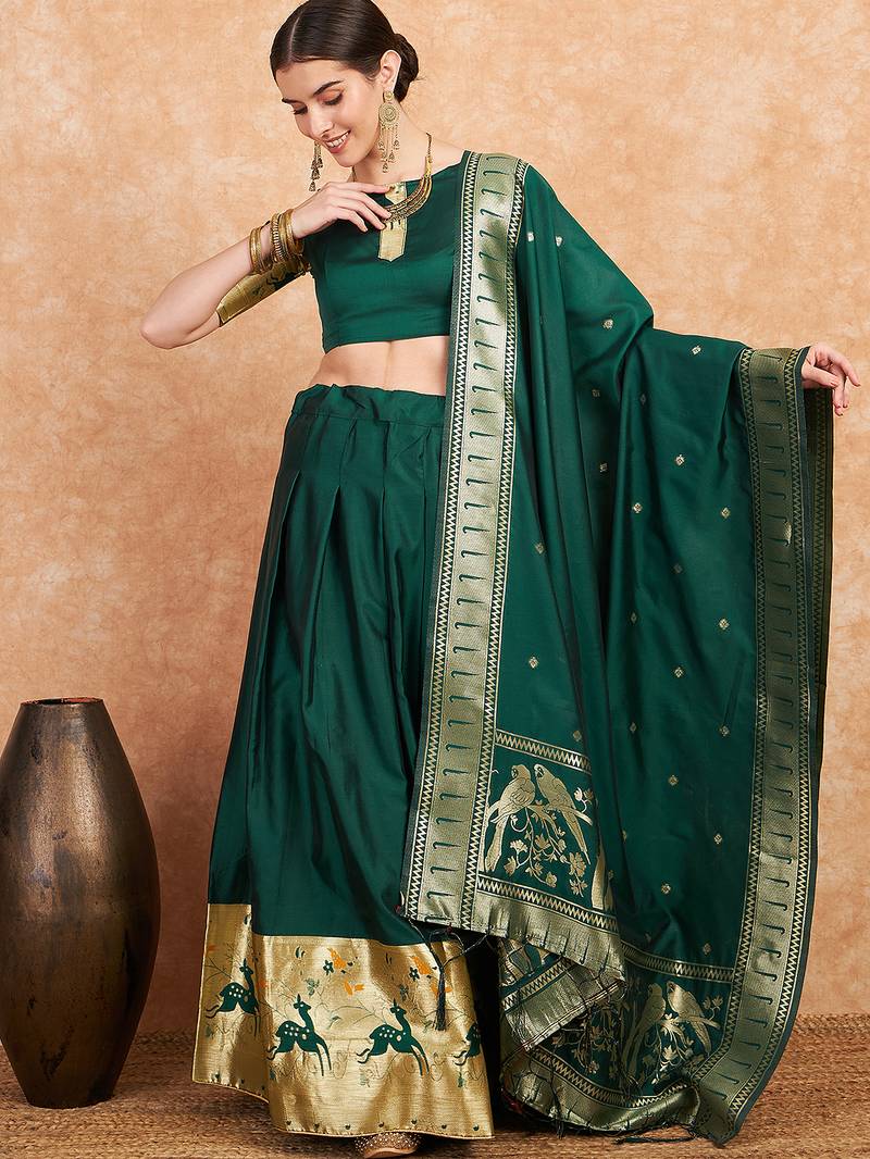 Green Semi-Stiched Weaving Work Banarasi Silk Lehenga Choli 