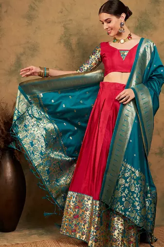 Pink Semi-Stiched Weaving Work Banarasi Silk Lehenga Choli 