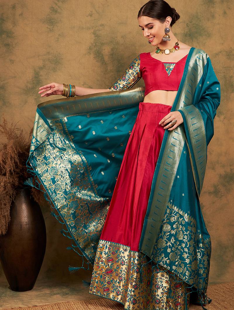 Pink Semi-Stiched Weaving Work Banarasi Silk Lehenga Choli 
