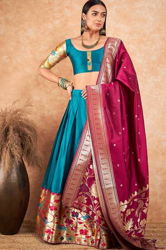 Green Semi-Stiched Weaving Work Banarasi Silk Lehenga Choli 