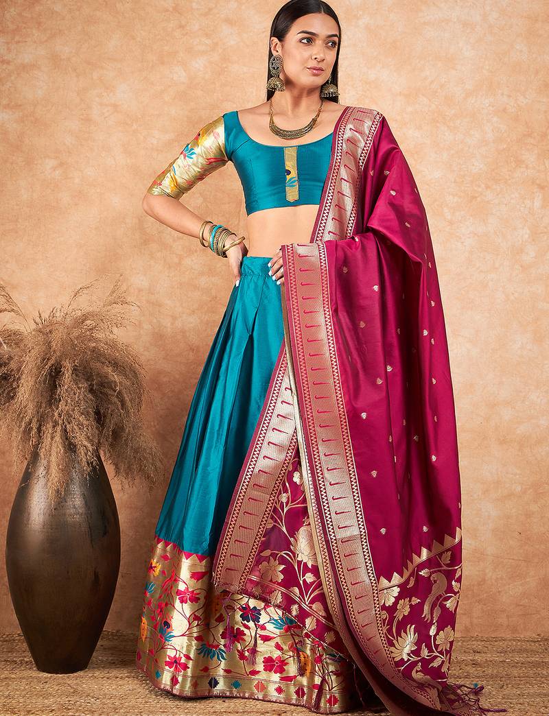 Green Semi-Stiched Weaving Work Banarasi Silk Lehenga Choli 