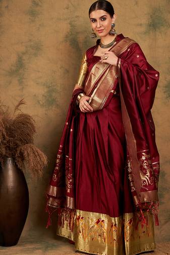 Maroon Semi-Stiched Weaving Work Banarasi Silk Lehenga Choli 