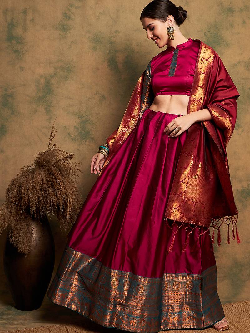 Pink Semi-Stiched Weaving Work Banarasi Silk Lehenga Choli 