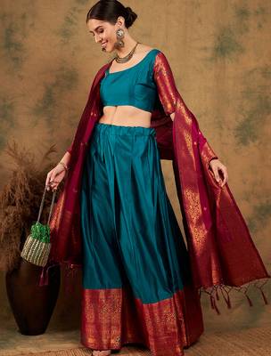 teal Green Semi-Stiched Weaving Work Banarasi Silk Lehenga Choli 1