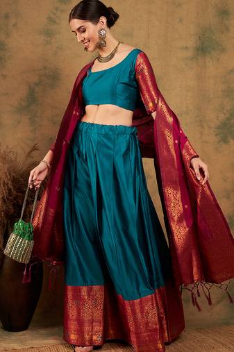 teal Green Semi-Stiched Weaving Work Banarasi Silk Lehenga Choli 