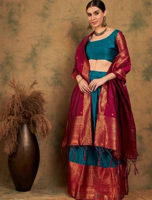 teal Green Semi-Stiched Weaving Work Banarasi Silk Lehenga Choli 2