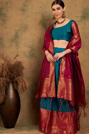 teal Green Semi-Stiched Weaving Work Banarasi Silk Lehenga Choli