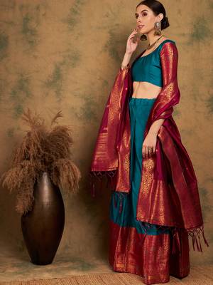 teal Green Semi-Stiched Weaving Work Banarasi Silk Lehenga Choli 3