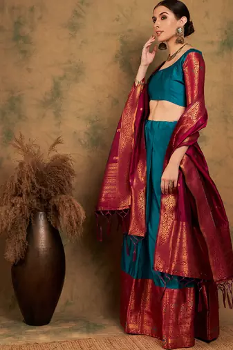 teal Green Semi-Stiched Weaving Work Banarasi Silk Lehenga Choli