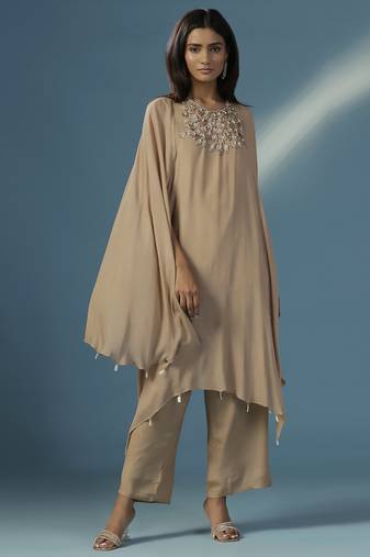 Gold georgette plain kurta with pant