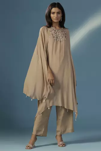 Gold georgette plain kurta with pant