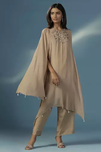 Gold georgette plain kurta with pant