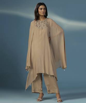 Gold georgette plain kurta with pant 4