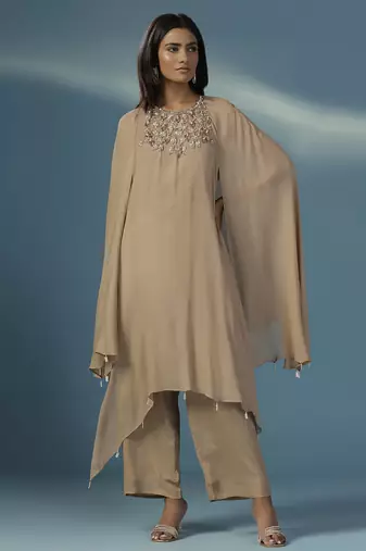Gold georgette plain kurta with pant