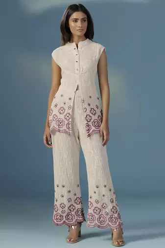 White silk embroidered tunic with pant