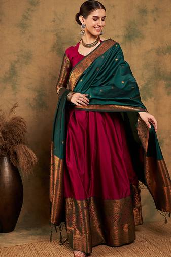 wine Semi-Stiched Weaving Work Banarasi Silk Lehenga Choli 