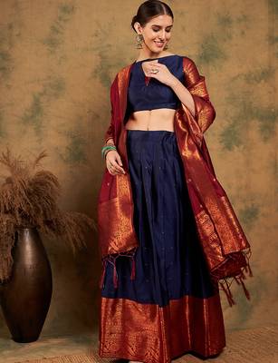 Navy Blue Semi-Stiched Weaving Work Banarasi Silk Lehenga Choli 1