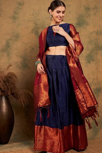 Navy Blue Semi-Stiched Weaving Work Banarasi Silk Lehenga Choli 