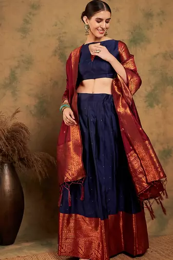 Navy Blue Semi-Stiched Weaving Work Banarasi Silk Lehenga Choli 