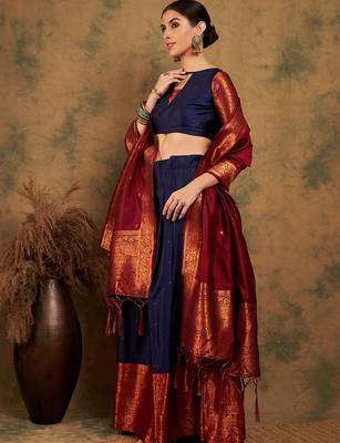 Navy Blue Semi-Stiched Weaving Work Banarasi Silk Lehenga Choli 2