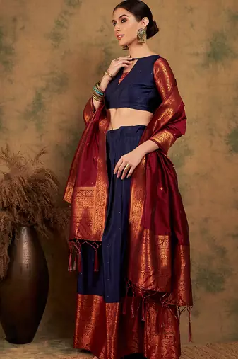 Navy Blue Semi-Stiched Weaving Work Banarasi Silk Lehenga Choli