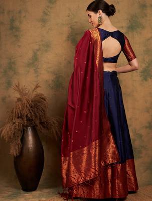 Navy Blue Semi-Stiched Weaving Work Banarasi Silk Lehenga Choli 3