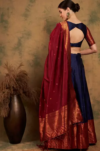 Navy Blue Semi-Stiched Weaving Work Banarasi Silk Lehenga Choli