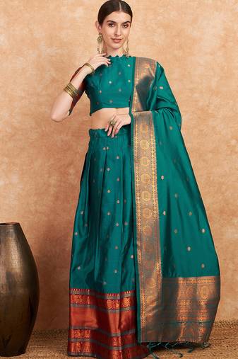 Green Semi-Stiched Weaving Work Banarasi Silk Lehenga Choli 