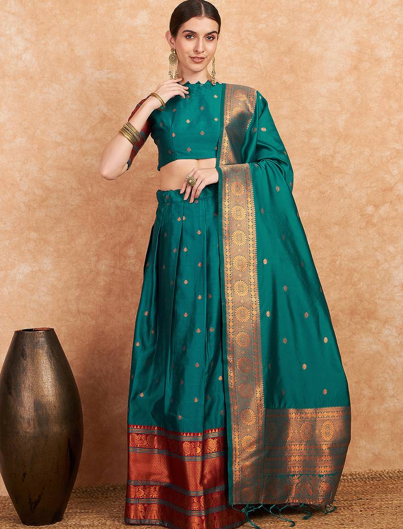 Green Semi-Stiched Weaving Work Banarasi Silk Lehenga Choli 