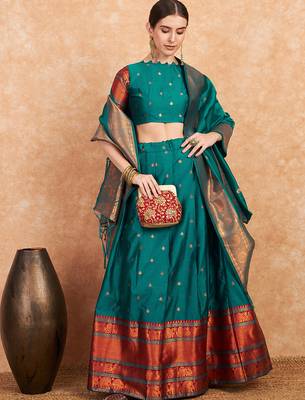 Green Semi-Stiched Weaving Work Banarasi Silk Lehenga Choli 2