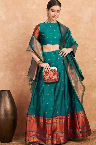 Green Semi-Stiched Weaving Work Banarasi Silk Lehenga Choli