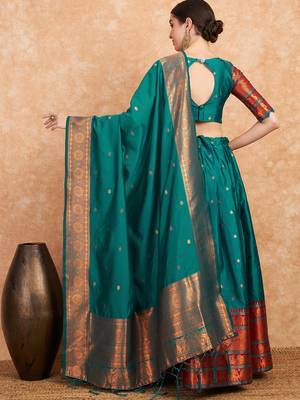 Green Semi-Stiched Weaving Work Banarasi Silk Lehenga Choli 4