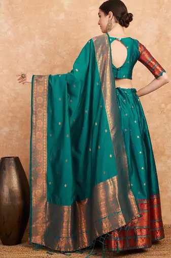 Green Semi-Stiched Weaving Work Banarasi Silk Lehenga Choli