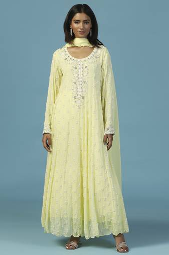 Yellow georgette embroidered anarkali