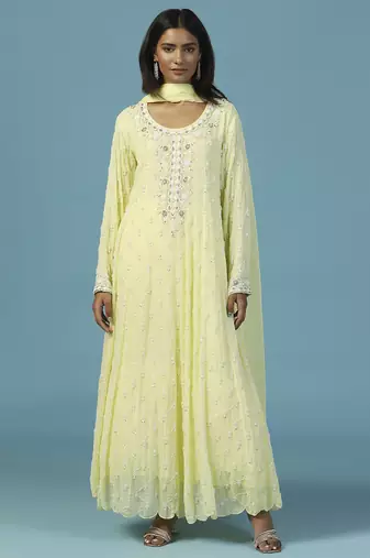 Yellow georgette embroidered anarkali