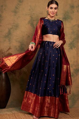 Navy Blue Semi-Stiched Weaving Work Banarasi Silk Lehenga Choli 
