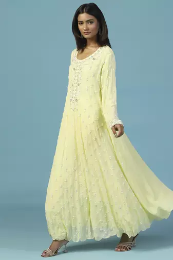 Yellow georgette embroidered anarkali