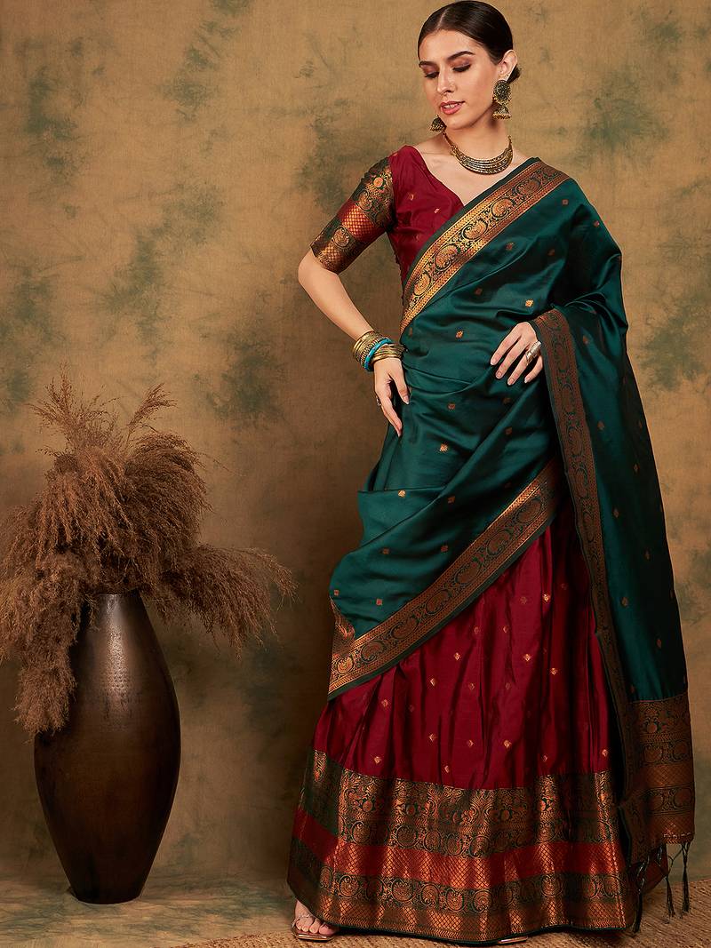 Maroon Semi-Stiched Weaving Work Banarasi Silk Lehenga Choli 