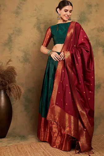 Green Semi-Stiched Weaving Work Banarasi Silk Lehenga Choli 