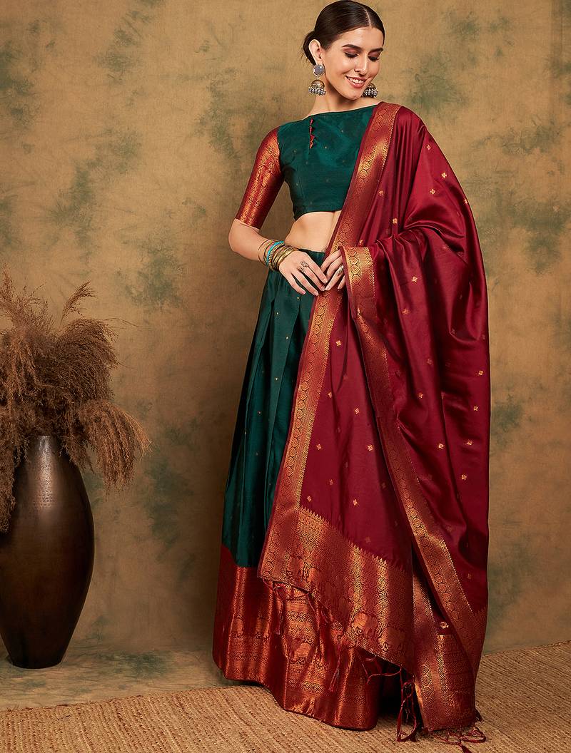 Green Semi-Stiched Weaving Work Banarasi Silk Lehenga Choli 