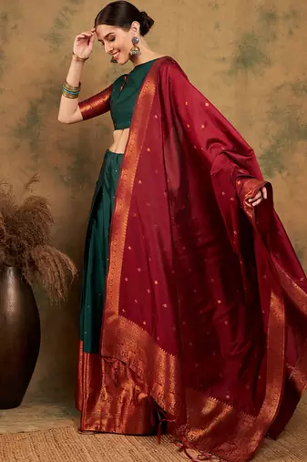 Green Semi-Stiched Weaving Work Banarasi Silk Lehenga Choli