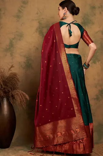 Green Semi-Stiched Weaving Work Banarasi Silk Lehenga Choli