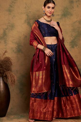 Navy Blue Semi-Stiched Weaving Work Banarasi Silk Lehenga Choli 