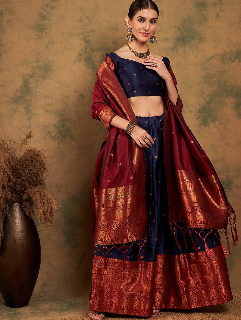 Navy Blue Semi-Stiched Weaving Work Banarasi Silk Lehenga Choli 