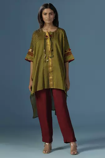Green chanderi cotton plain kurta with pant