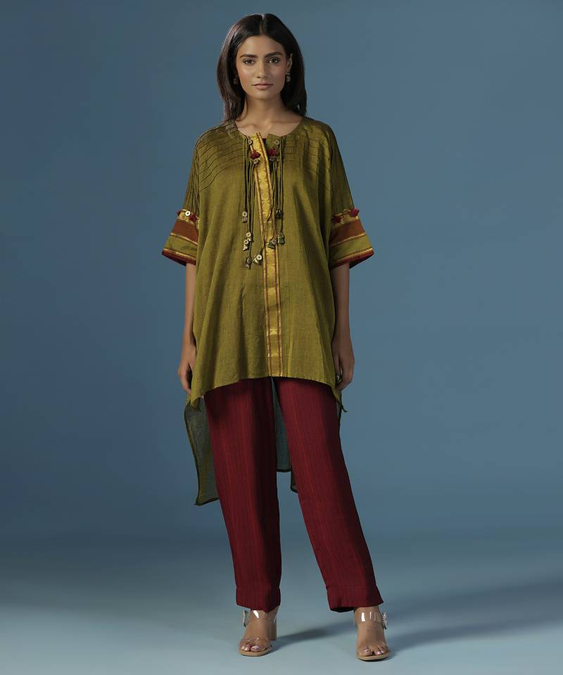 Green chanderi cotton plain kurta with pant