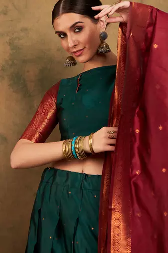 Green Semi-Stiched Weaving Work Banarasi Silk Lehenga Choli